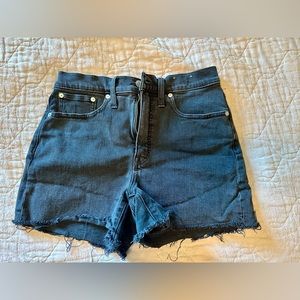 Madewell high rise denim shorts. Frayed ends, washed black color